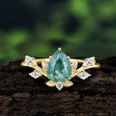 Nature-Inspired 6-Prong Teardrop Natural Moss Agate Engagement Ring